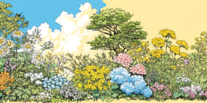 一個色彩繽紛的插圖花園，在藍天白雲下有各種花卉和樹木。