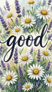 水彩藝術作品，包含雛菊、薰衣草和優雅字體的「good」字樣