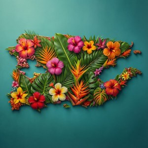 青綠色背景上帶有木芙蓉和棕櫚葉的熱帶花卉地圖輪廓