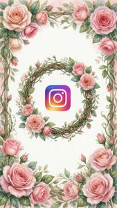 Instagram標誌位於粉紅玫瑰和綠色藤蔓花環中央，背景為奶油色