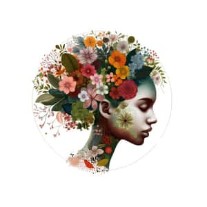 圓形設計中充滿色彩繽紛的花朵和綠色植物的女性側面。 — 藝術 壁紙