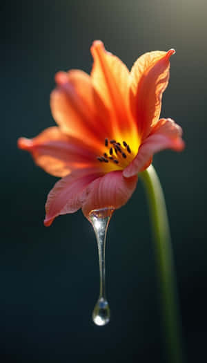 一朵橙色百合，花瓣上懸掛著一滴露珠。