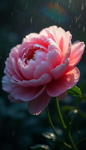 花園中一朵粉紅牡丹，花瓣上閃爍著雨滴