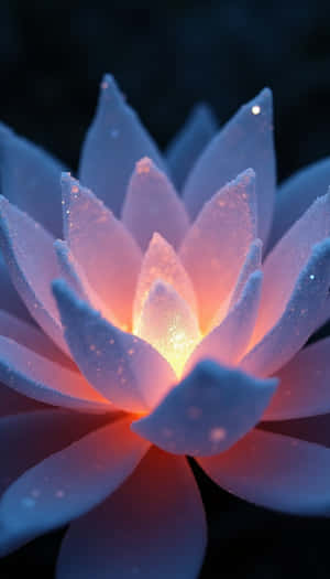 一朵發光的蓮花，在暗水中帶有藍色花瓣和橙色中心