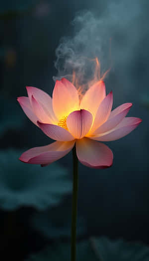 一朵粉紅色蓮花，中心發光，煙霧在深色水上昇起