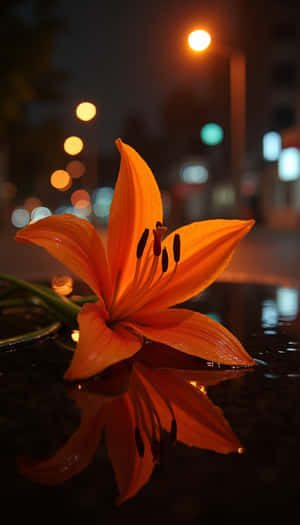 一朵橙色百合放在夜間潮濕的瀝青路上，反射著街燈。