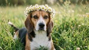 比高犬戴著雛菊花環躺在草地上
