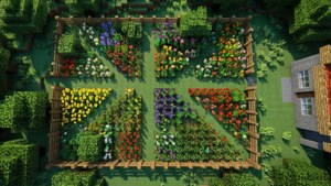 一個Minecraft花園，中央小路周圍有色彩繽紛的花壇排列成十字圖案。