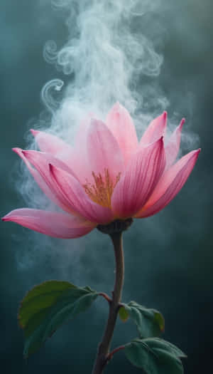 深藍綠色背景上，粉紅蓮花的花瓣升起煙霧