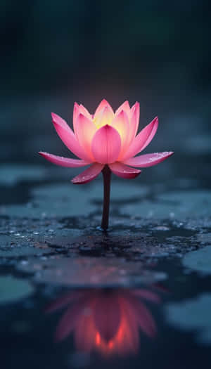 一朵發光的粉紅色蓮花帶有露珠，在黃昏的黑暗水中倒映