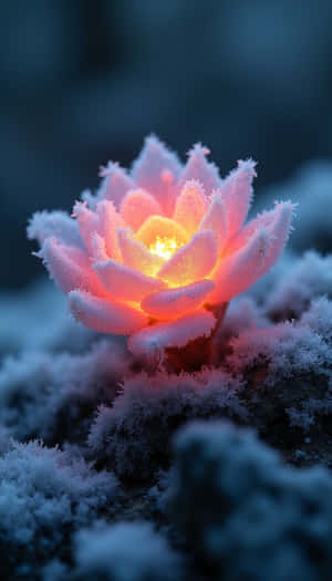 一朵發光的粉紅色蓮花，帶有霜凍花瓣，在雪白的冬季環境中