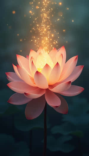 一朵發光的粉紅色蓮花，金色火花從其中心在暗水中升起。
