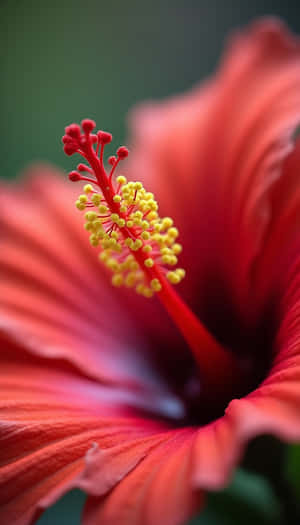 一朵紅色芙蓉花的特寫，帶有黃色雄蕊和紅色雌蕊
