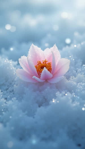在藍光下雪中生長的帶有橙色花心的粉紅色花朵