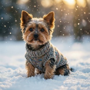 一隻穿著毛衣的小狗在冬日夕陽下坐在雪地裡。