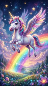 一隻有翼獨角獸，擁有彩虹頭髮，在星光燦爛的天空中跳過一道彩虹，下方是一個充滿花朵的山谷。