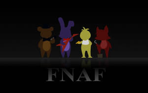 四個FNAF電子動畫角色以剪影形式出現在深色背景前，下方有倒影和標誌。 — 極簡美學 壁紙