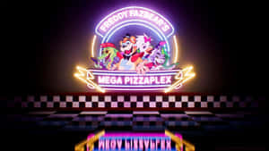 Freddy Fazbear's Mega Pizzaplex 的霓虹招牌，棋盤格地板上有卡通角色。