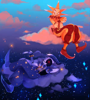 太陽角色和星星生物在星空的雲上放鬆。