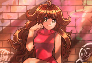棕色頭髮、穿著紅色連衣裙的動漫女孩在帶有塗鴉的磚牆前微笑。