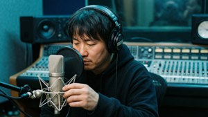 男子在專業錄音室中調整麥克風，配有音頻設備。