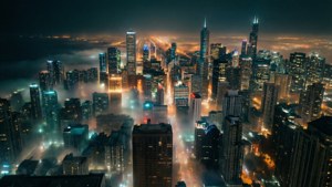 夜晚的城市天際線，高樓從霧中浮現，路燈閃爍。