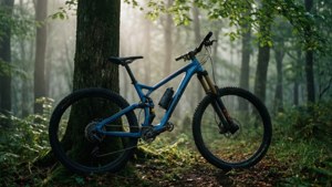 藍色山地單車靠在一棵樹上，身處迷霧森林，陽光穿過樹葉灑落。