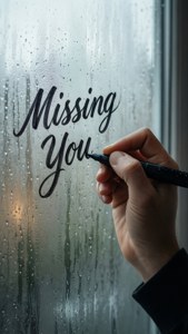 手在雨窗上用黑色記號筆寫「Missing You」