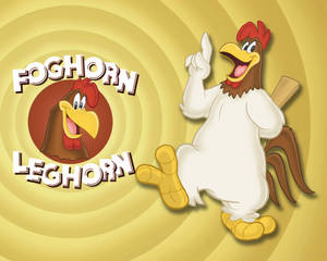 Foghorn Leghorn 卡通角色穿著白色西裝指著標誌