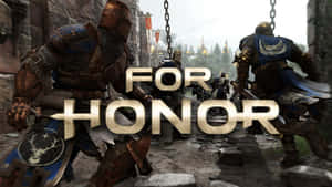 兩名中世紀盔甲戰士在石頭庭院中交鋒，帶有「For Honor」標題。 — 榮耀戰魂 壁紙
