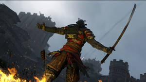 身穿戰鬥鎧甲的武士武士，在火焰和廢墟中手持武士刀。