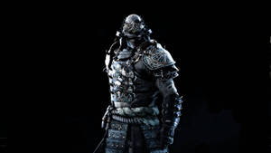 身穿精細盔甲的武士戰士站在黑暗中，帶有藍色發光高光。