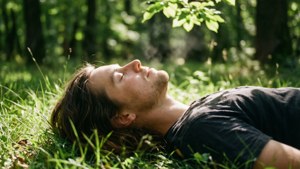 男子在陽光普照的森林草地上閉眼休息