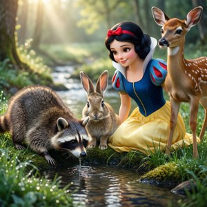 白雪公主與浣熊、兔子和幼鹿在森林溪流喝水