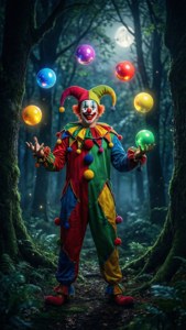一個小丑在月光下黑暗的魔法森林中拋接發光的球體。