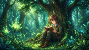 年輕男孩在發光的魔法森林中讀書