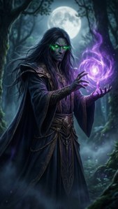 一個身穿深色長袍、眼睛發出綠光的巫師，在月光照耀的森林中引導紫色魔法。