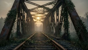 廢棄的火車軌道在生鏽的金屬橋上，覆蓋著常春藤，霧濛濛的黎明光線