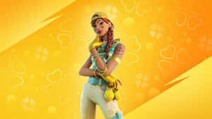 身穿黃色服裝的Fortnite角色，背景有心形和幸運草。