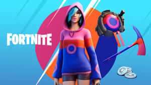 穿著彩色連帽衫的Fortnite角色，手持鎬和滑翔機，背景為幾何圖案。