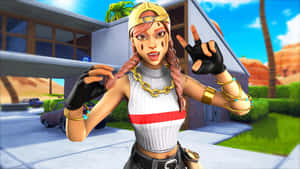 Fortnite角色在棕櫚樹和沙漠背景的房屋前擺姿勢。