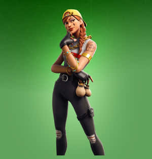 Fortnite角色着住休閒服飾，戴住金色飾物，喺綠色背景前