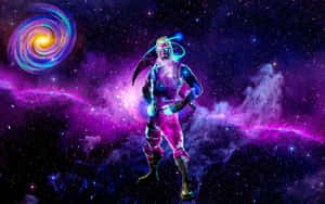 在色彩繽紛的宇宙星雲中發光的未來戰士，背景有星系。 — 銀河 壁紙