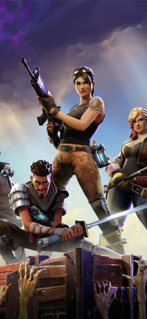 Fortnite角色帶住武器企喺木箱上面，喪屍手喺下面伸上嚟。