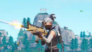 Fortnite角色在山區森林中發射金色步槍