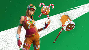 薑餅Fortnite角色帶拐杖糖道具，背景係綠色星空。 — 鬼滅之刃面具 壁紙