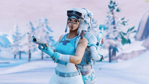 穿著冬季裝備的Fortnite角色在雪地森林中手持武器。