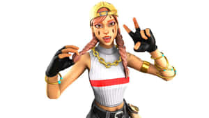穿著休閒服裝、戴著金色飾物、梳著辮子的Fortnite角色正在做出和平手勢。