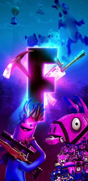 霓虹紫色和藍色數位藝術中的Fortnite角色，手持武器和寵物。