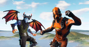 兩個Fortnite角色在浮島上方動態擺姿勢，下方是海洋和山丘。